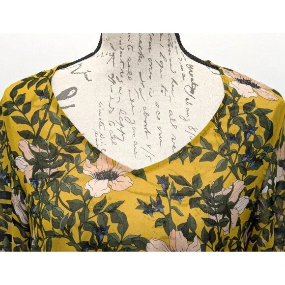 CABI Blouse Sm Yellow Green Floral Layered Flare Sleeves Boho - Picture 6 of 11